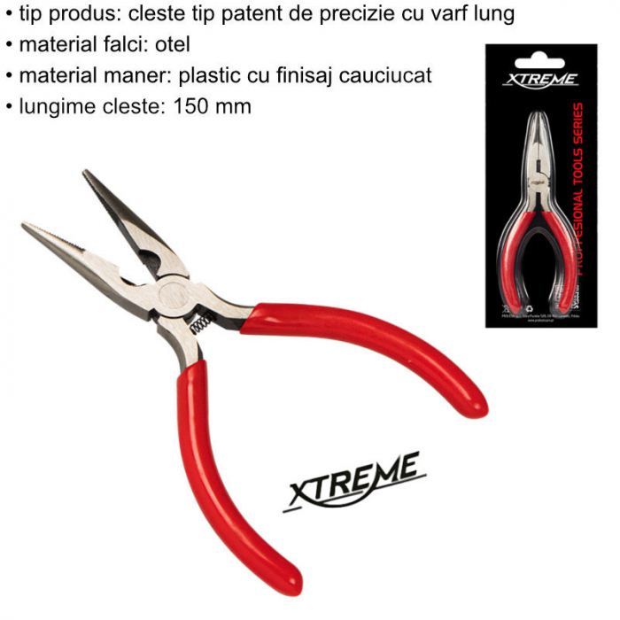 Cleste drept cu varf lung, cu arc, Xtreme 00555, 150mm, suprafata de prindere zimtata, rosu [6]