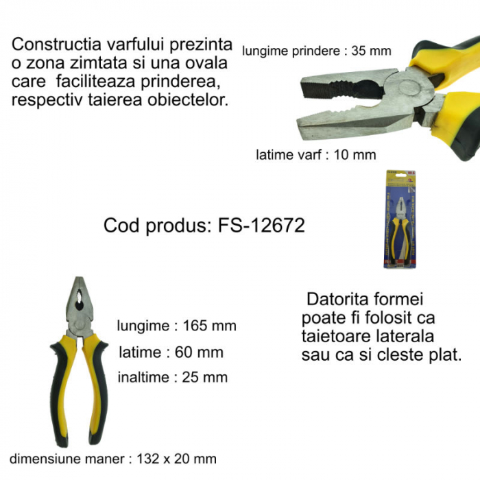 Cleste patent universal, FS-12672, cu maner izolat, latime varf 10mm, galben cu negru [5]