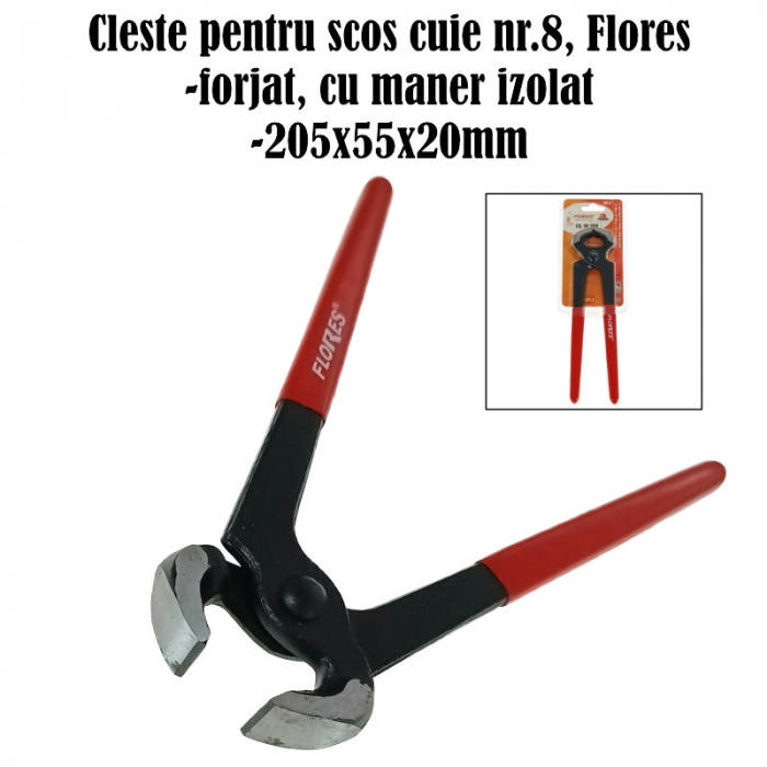Cleste pentru scos cuie, din otel forjat, cu maner izolat, Flores 10100, 205x55x20mm, negru cu rosu [6]