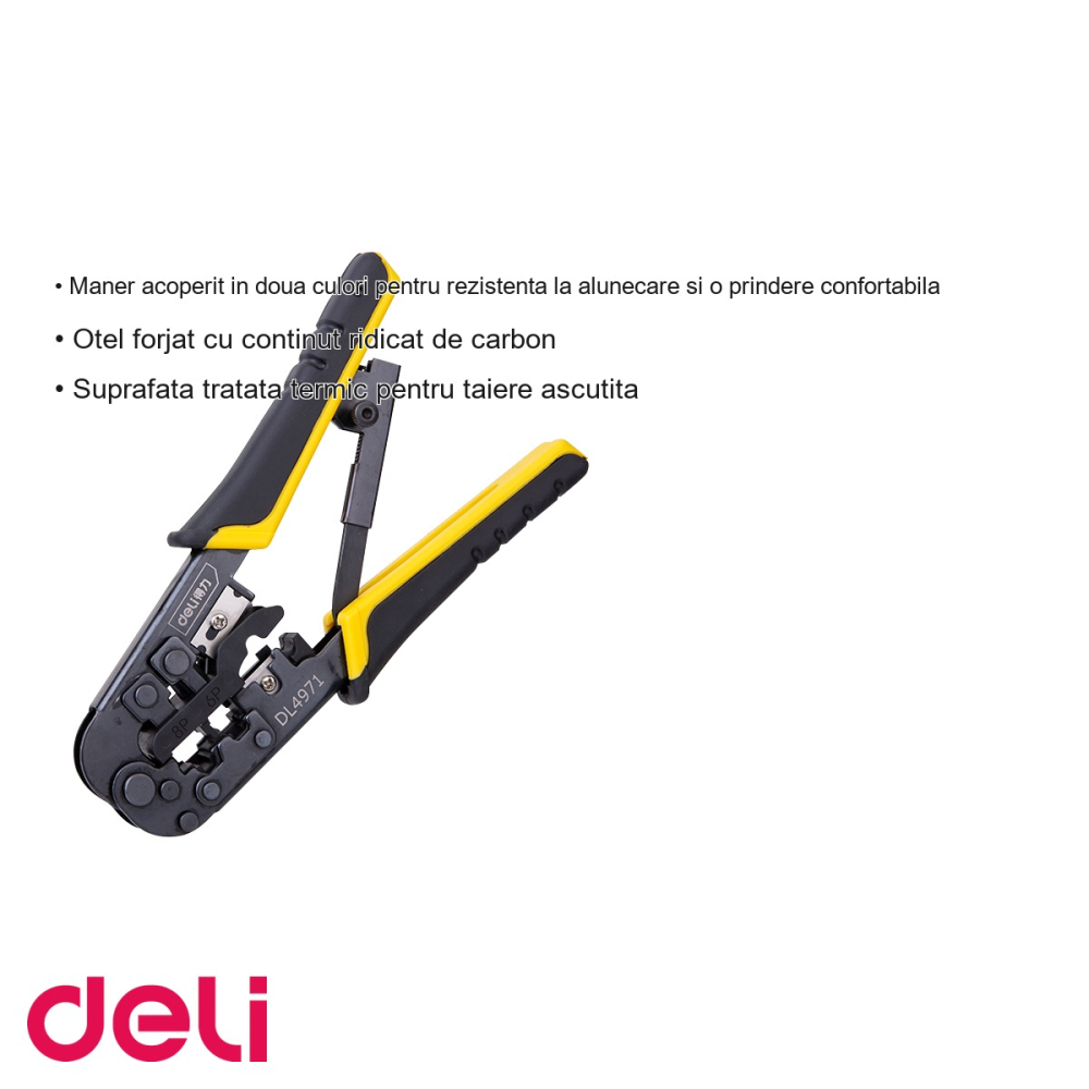 Cleste sertizare cabluri retea Deli, 2 in 1 sertizator mufe 4/6/8P si cutter, otel forjat carbon [3]