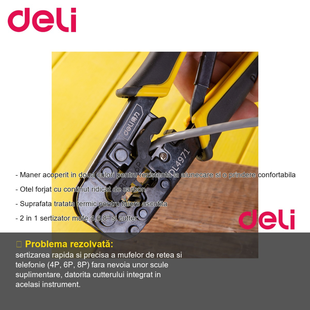 Cleste sertizare cabluri retea Deli, 2 in 1 sertizator mufe 4/6/8P si cutter, otel forjat carbon [2]