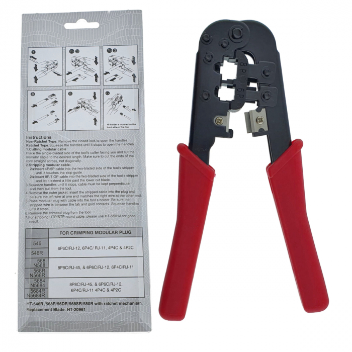 Cleste sertizat, mufat universal, HT-568, pentru mufe RJ45, RJ12, RJ11, rosu cu negru [6]