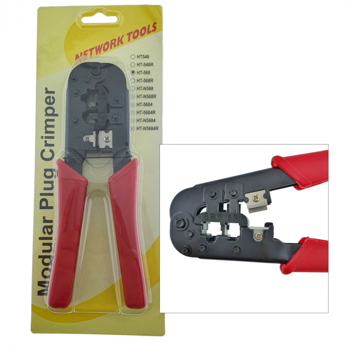 Cleste sertizat, mufat universal, HT-568, pentru mufe RJ45, RJ12, RJ11, rosu cu negru [4]