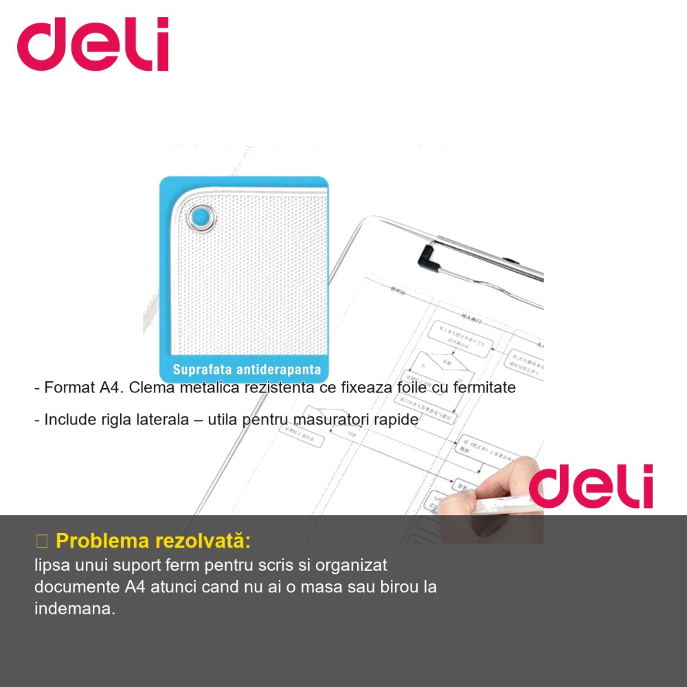 Clipboard Deli 64504 format A4 cu clema metalica si rigla laterala, suport ferm pentru scris si organizare documente [2]