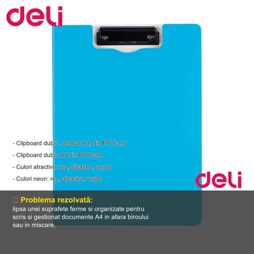 Clipboard dublu Deli, format A4, din PP foam, culori neon, pentru organizare documente la birou si scoala [2]