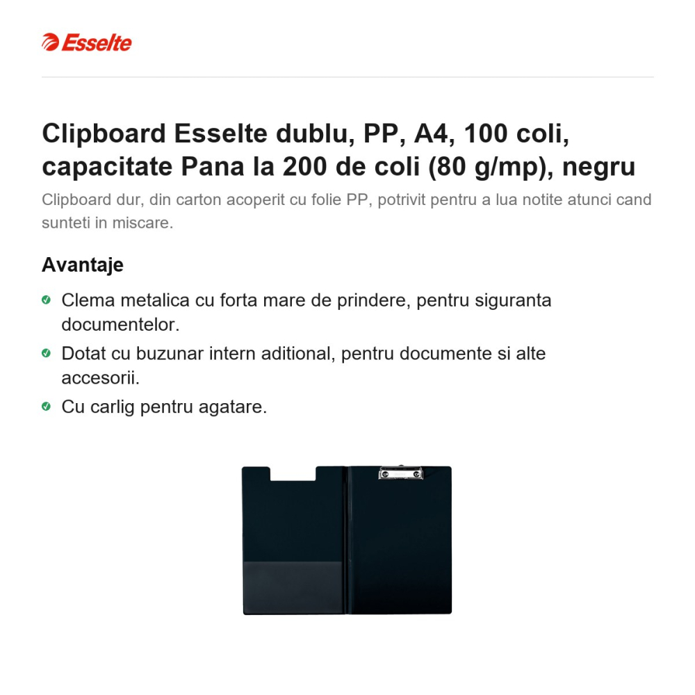 Clipboard Esselte dublu, PP, A4, 100 coli, capacitate Pana la 200 de coli (80 g/mp), negru [2]