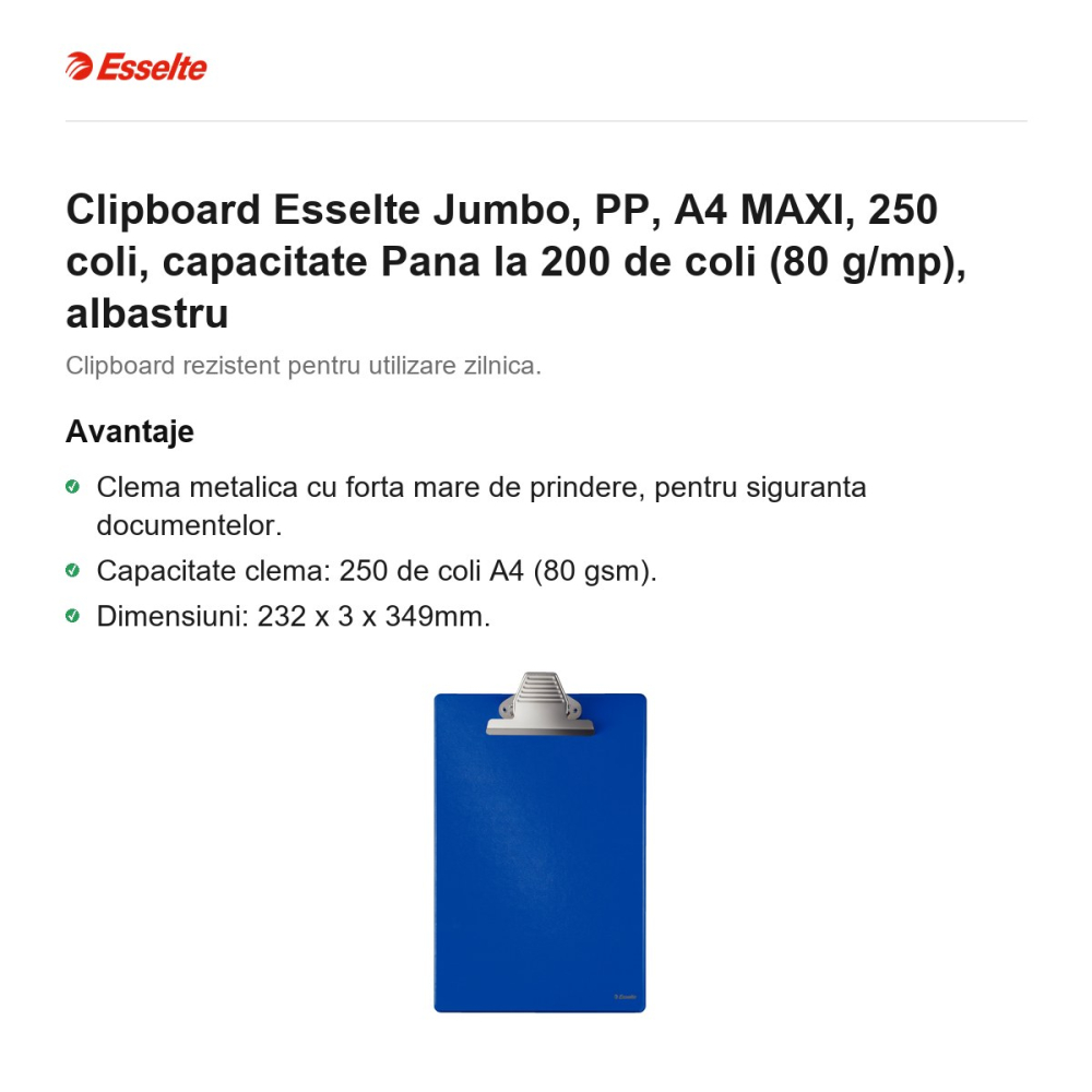 Clipboard Esselte Jumbo, PP, A4 MAXI, 250 coli, capacitate Pana la 200 de coli (80 g/mp), albastru [2]