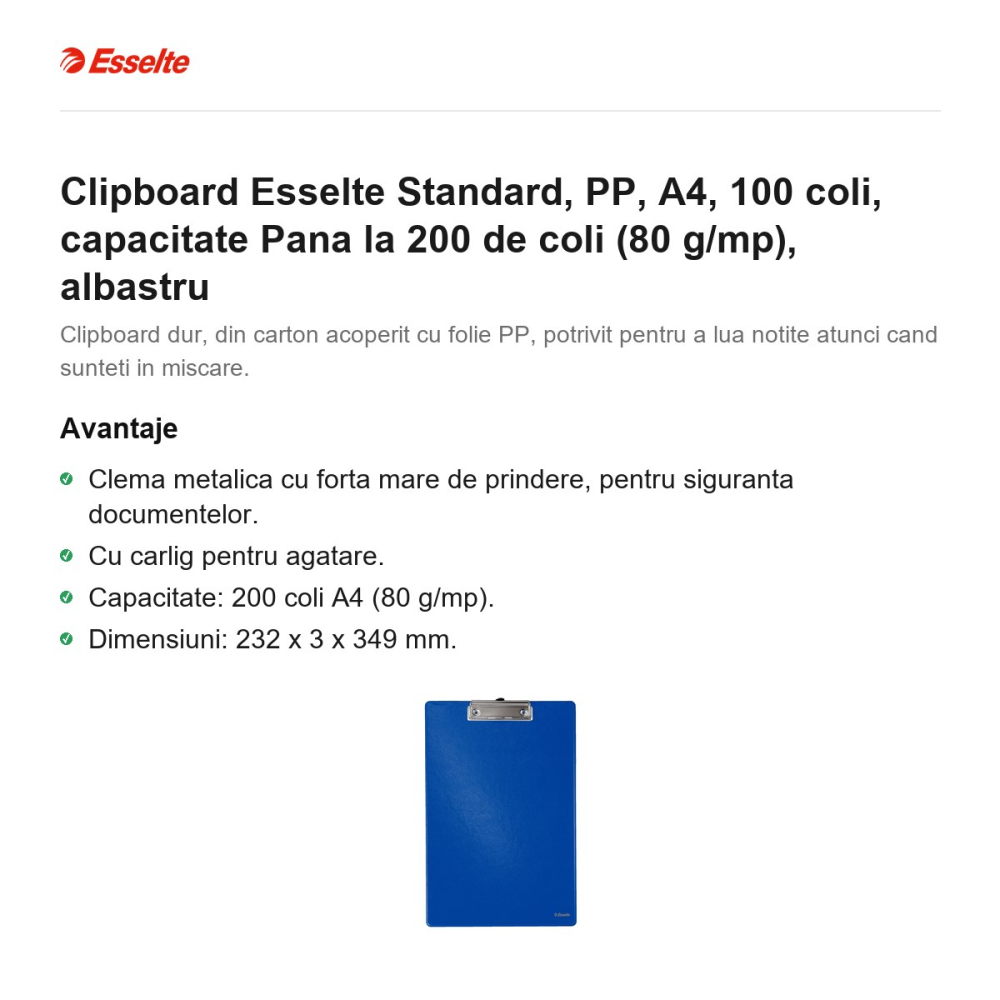 Clipboard Esselte Standard, PP, A4, 100 coli, capacitate Pana la 200 de coli (80 g/mp), albastru [2]