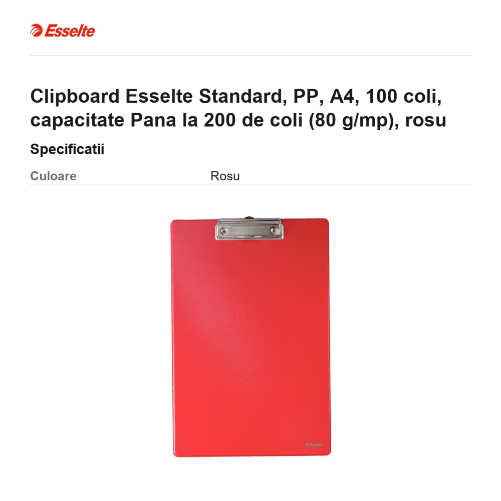 Clipboard Esselte Standard, PP, A4, 100 coli, capacitate Pana la 200 de coli (80 g/mp), rosu [3]