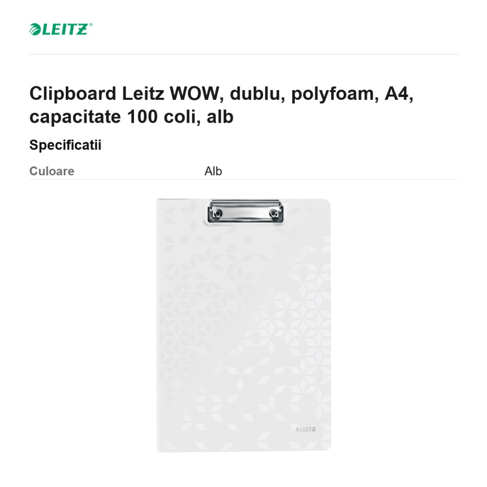 Clipboard Leitz WOW, dublu, polyfoam, A4, capacitate 100 coli, alb [3]