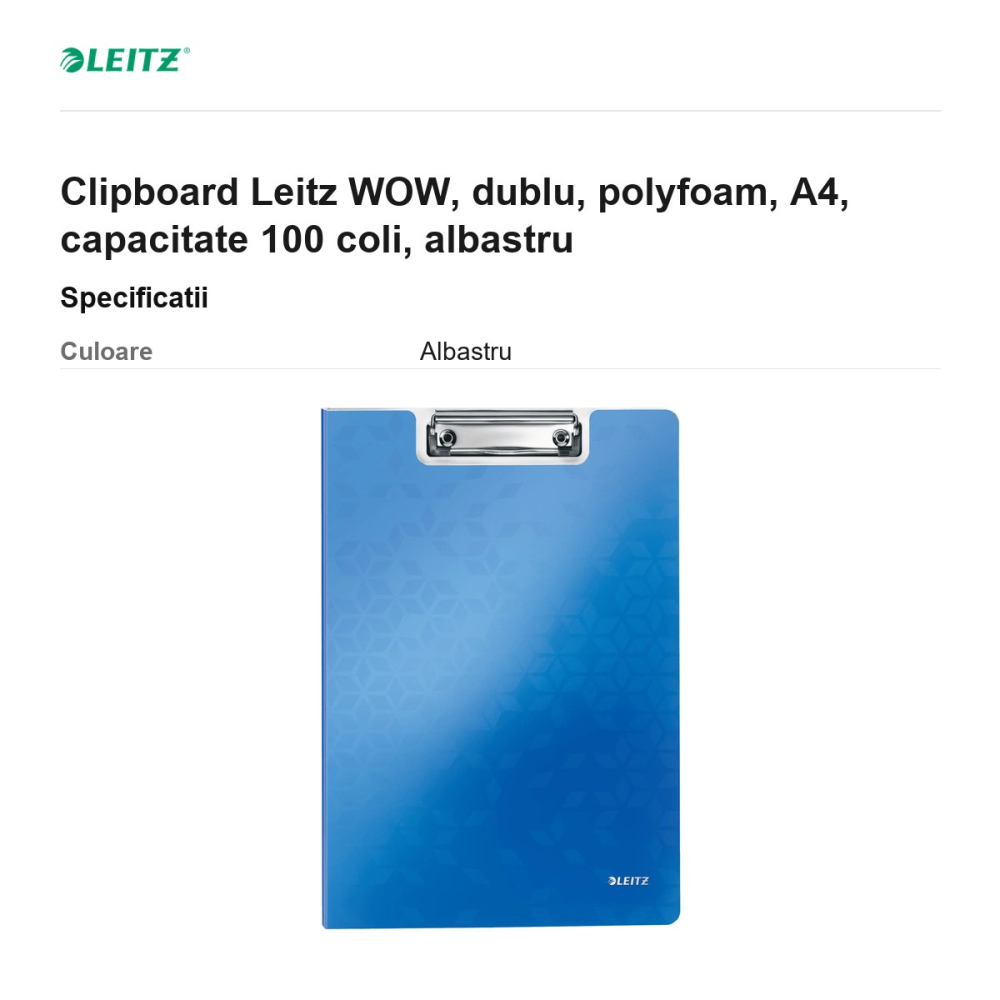 Clipboard Leitz WOW, dublu, polyfoam, A4, capacitate 100 coli, albastru [3]