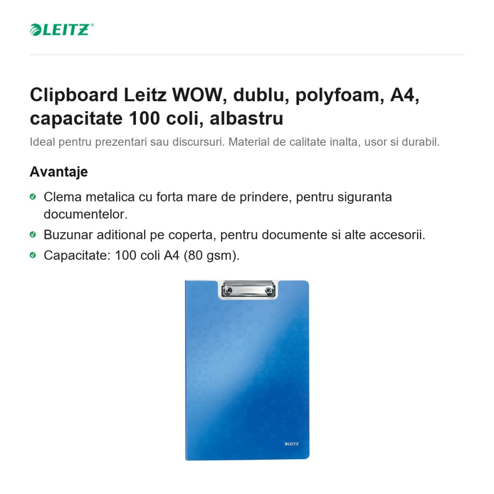Clipboard Leitz WOW, dublu, polyfoam, A4, capacitate 100 coli, albastru [2]