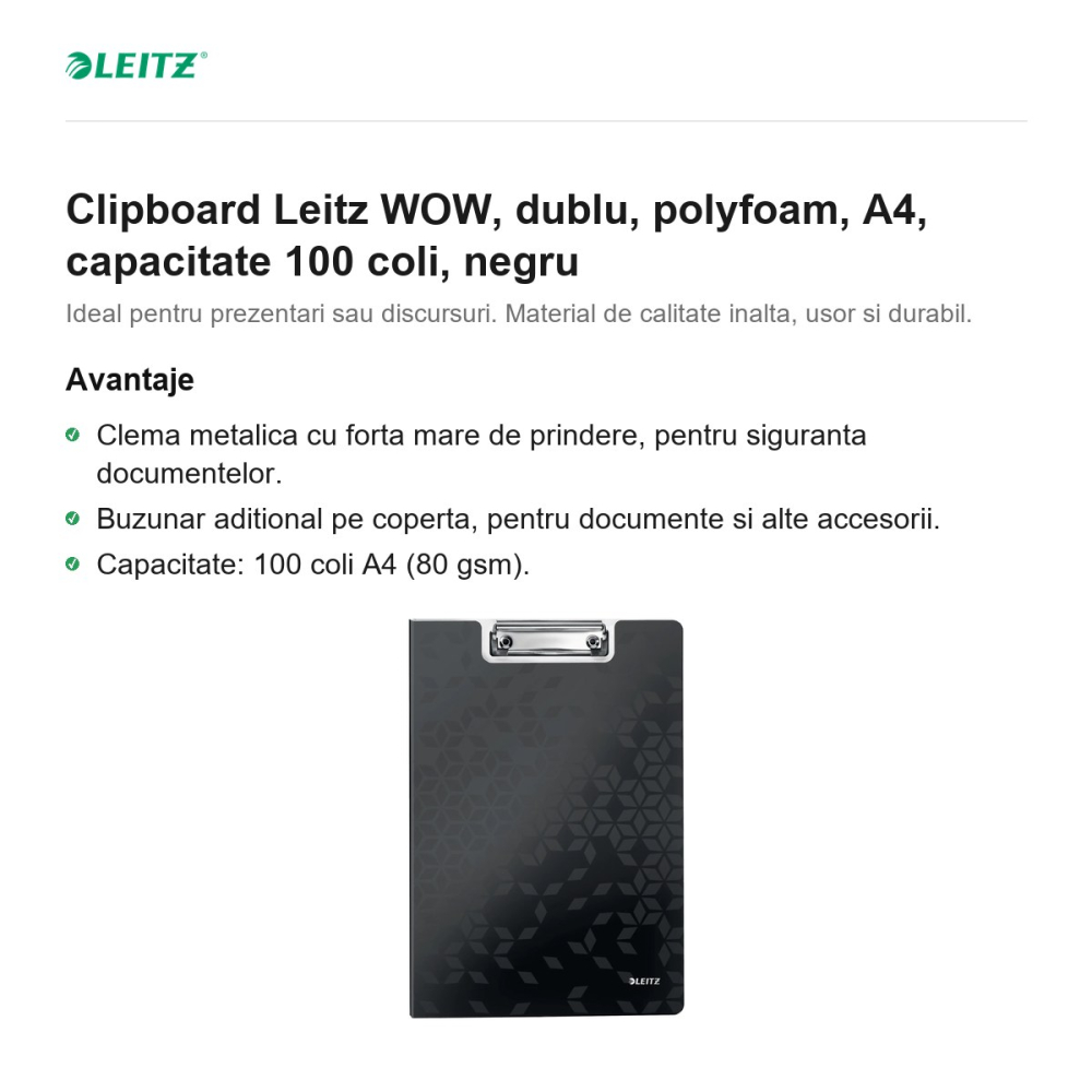 Clipboard Leitz WOW, dublu, polyfoam, A4, capacitate 100 coli, negru [2]