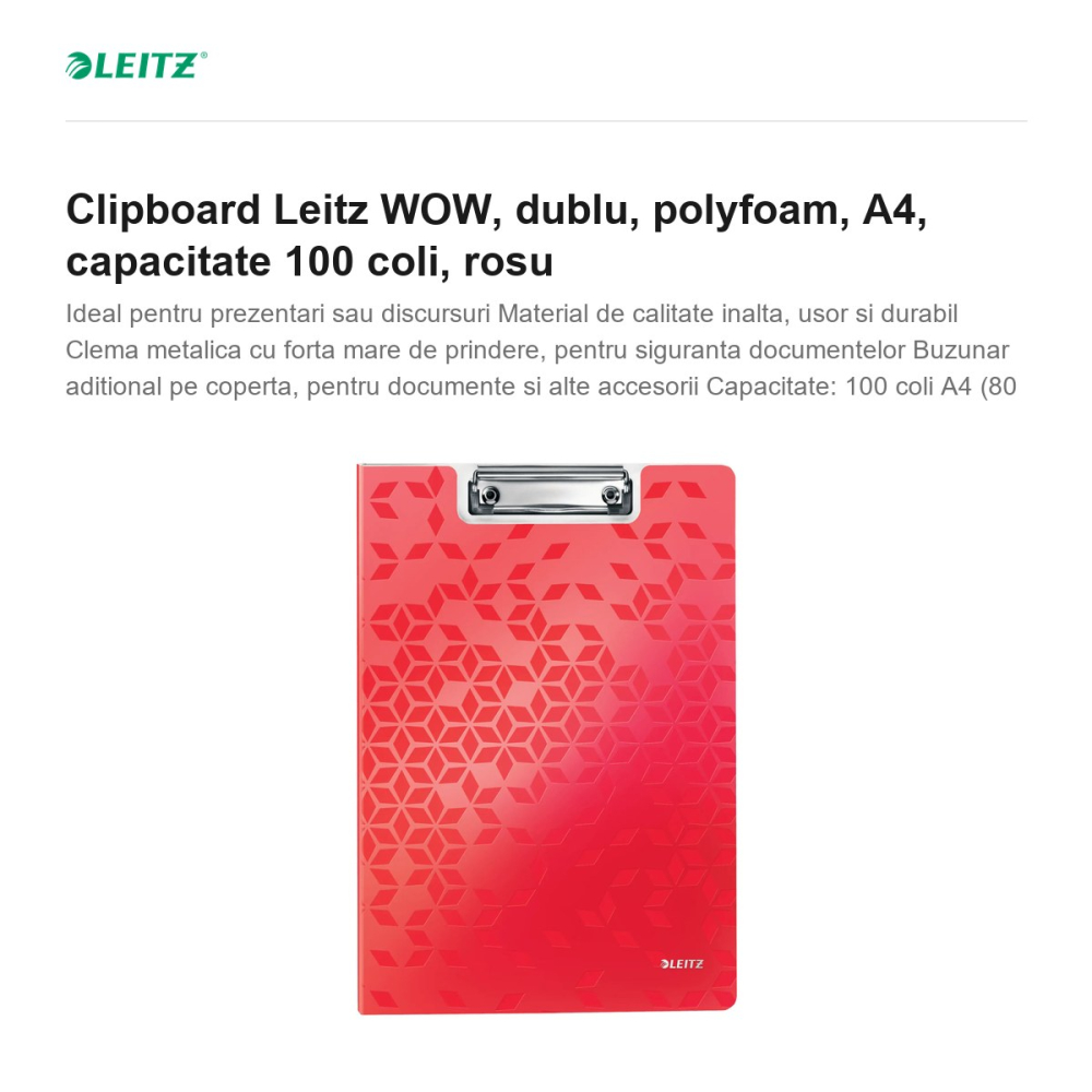 Clipboard Leitz WOW, dublu, polyfoam, A4, capacitate 100 coli, rosu [2]