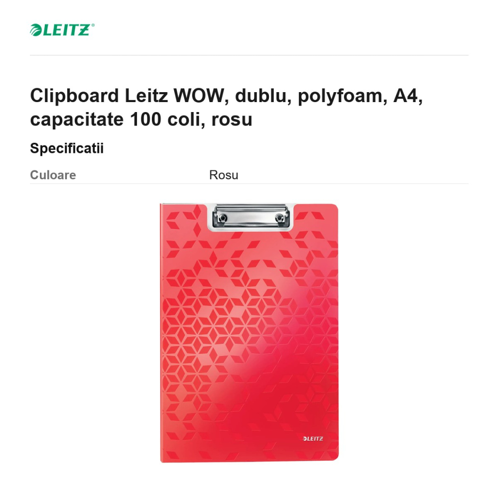 Clipboard Leitz WOW, dublu, polyfoam, A4, capacitate 100 coli, rosu [3]