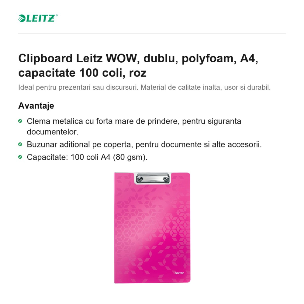 Clipboard Leitz WOW, dublu, polyfoam, A4, capacitate 100 coli, roz [2]