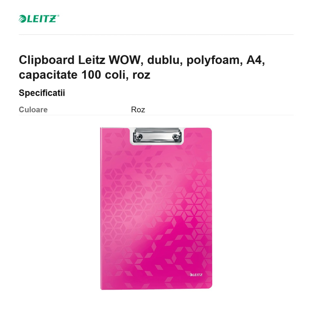 Clipboard Leitz WOW, dublu, polyfoam, A4, capacitate 100 coli, roz [3]