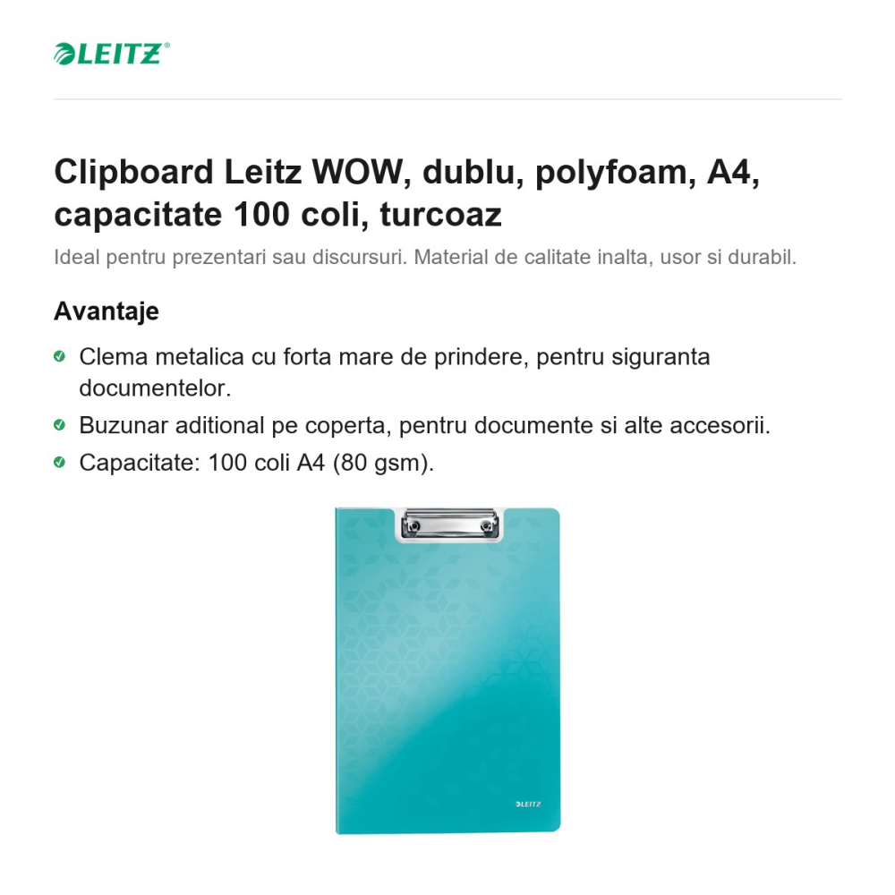 Clipboard Leitz WOW, dublu, polyfoam, A4, capacitate 100 coli, turcoaz [2]