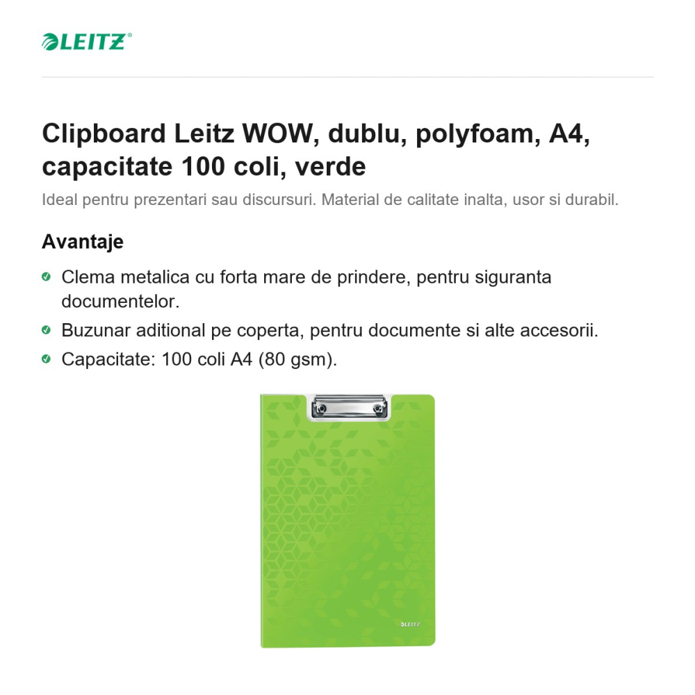 Clipboard Leitz WOW, dublu, polyfoam, A4, capacitate 100 coli, verde [2]