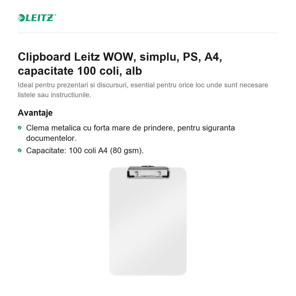 Clipboard Leitz WOW, simplu, PS, A4, capacitate 100 coli, alb [2]