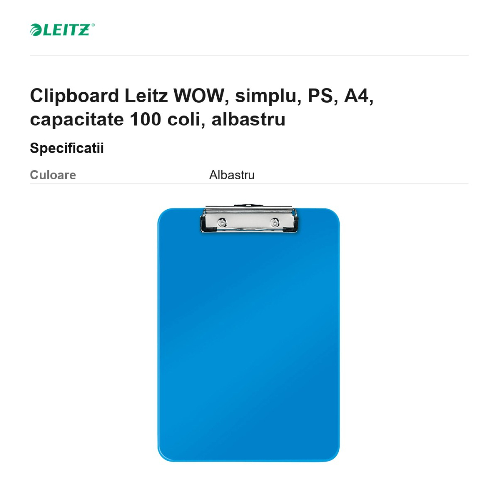 Clipboard Leitz WOW, simplu, PS, A4, capacitate 100 coli, albastru [3]