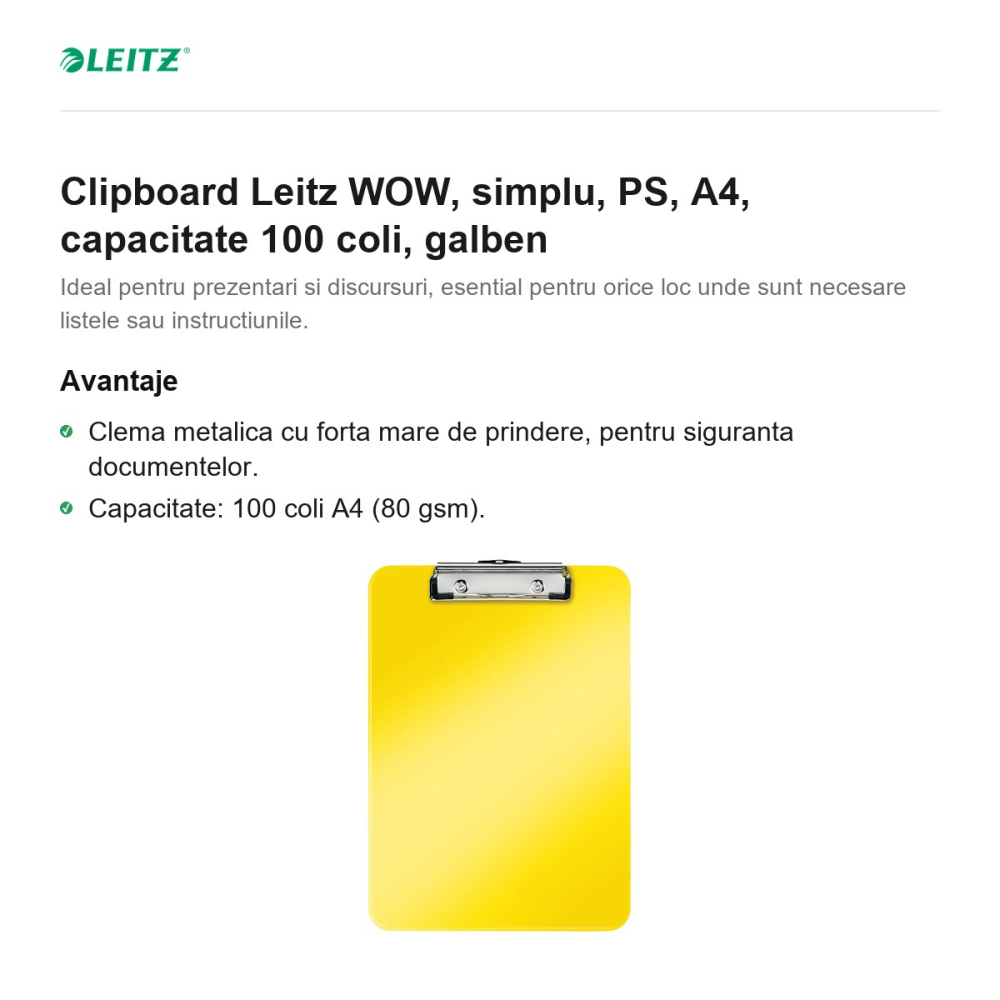 Clipboard Leitz WOW, simplu, PS, A4, capacitate 100 coli, galben [2]