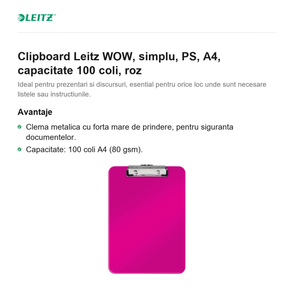 Clipboard Leitz WOW, simplu, PS, A4, capacitate 100 coli, roz [2]
