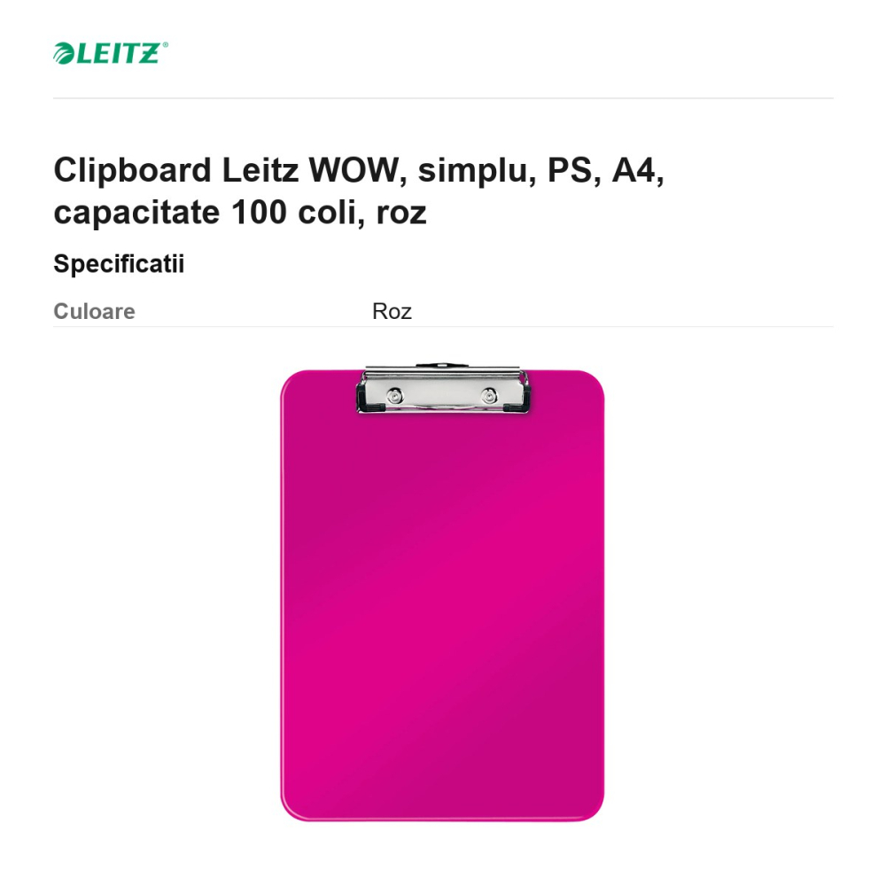 Clipboard Leitz WOW, simplu, PS, A4, capacitate 100 coli, roz [3]