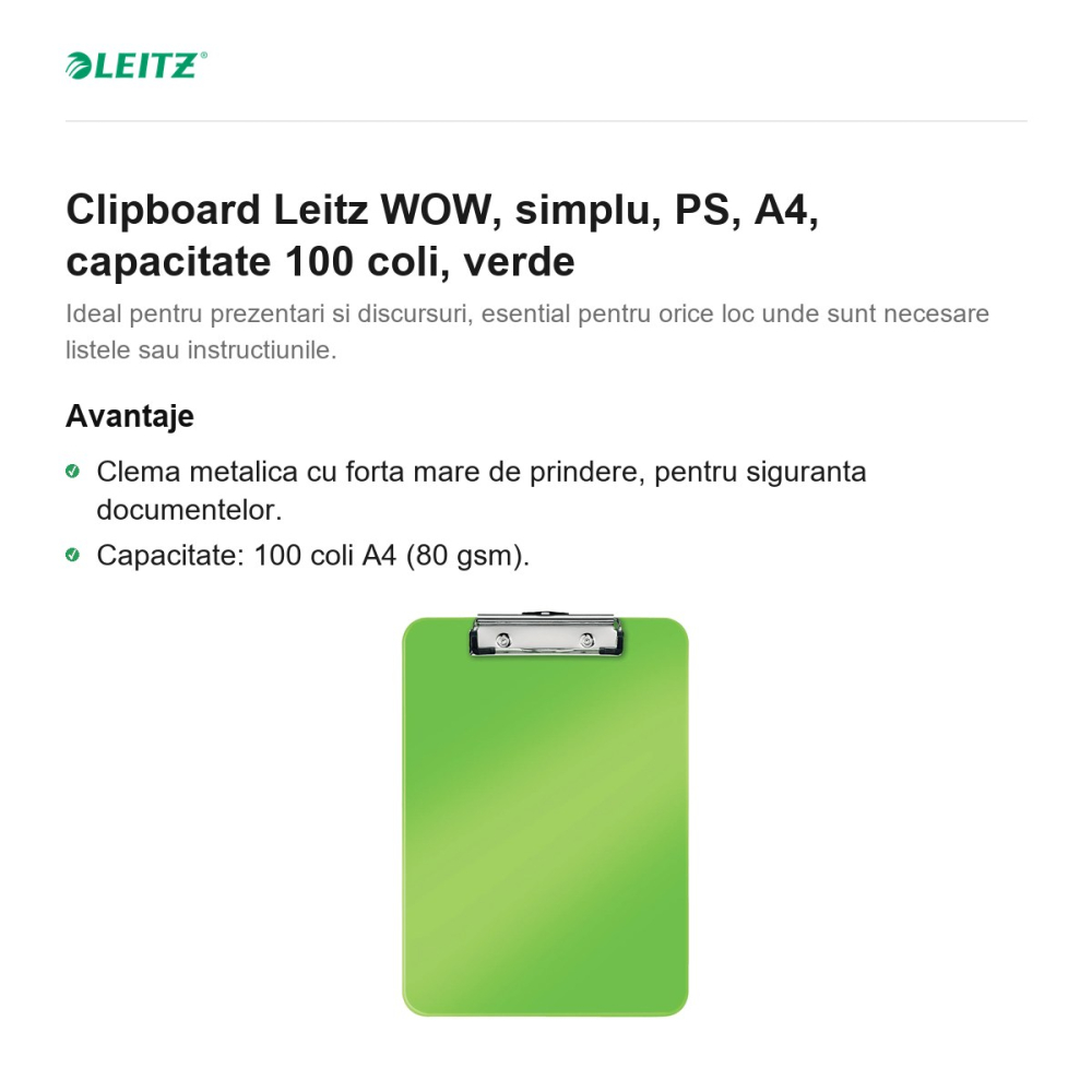 Clipboard Leitz WOW, simplu, PS, A4, capacitate 100 coli, verde [2]