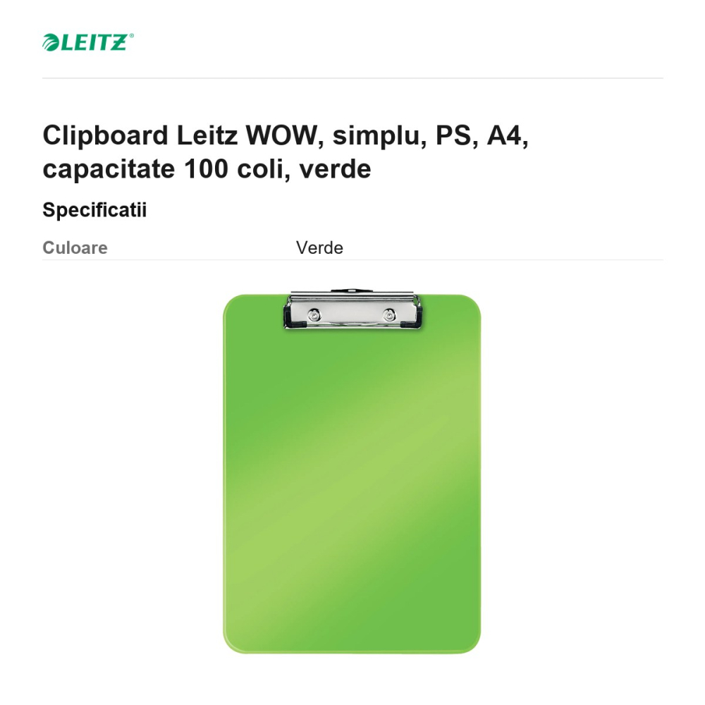 Clipboard Leitz WOW, simplu, PS, A4, capacitate 100 coli, verde [3]
