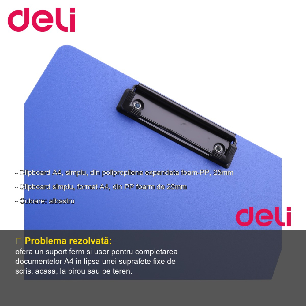 Clipboard simplu Deli, format A4, din polipropilena expandata foam, albastru [2]