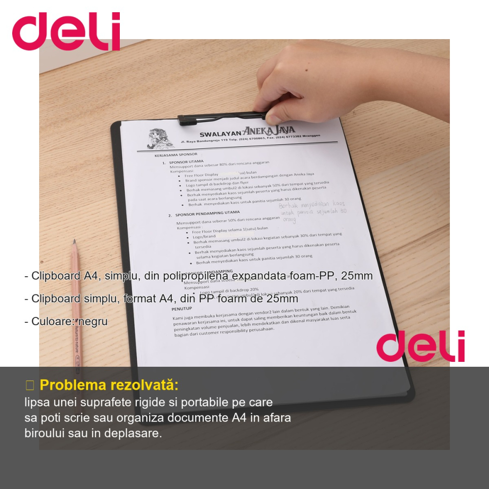 Clipboard simplu Deli, format A4, din polipropilena expandata foam, negru, pentru birou si uz general [2]