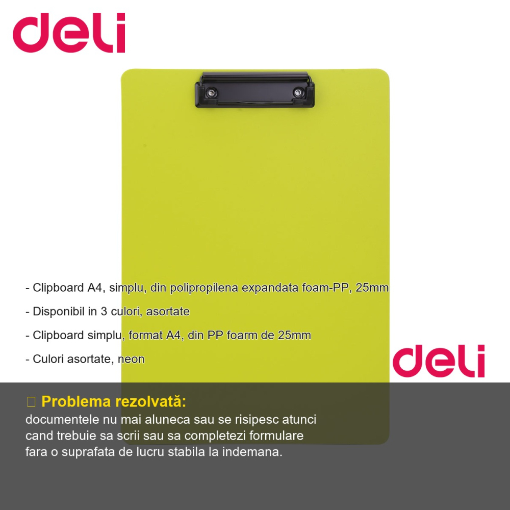 Clipboard simplu Deli, format A4, din polipropilena foam, culori neon asortate, pentru birou si scoala [2]