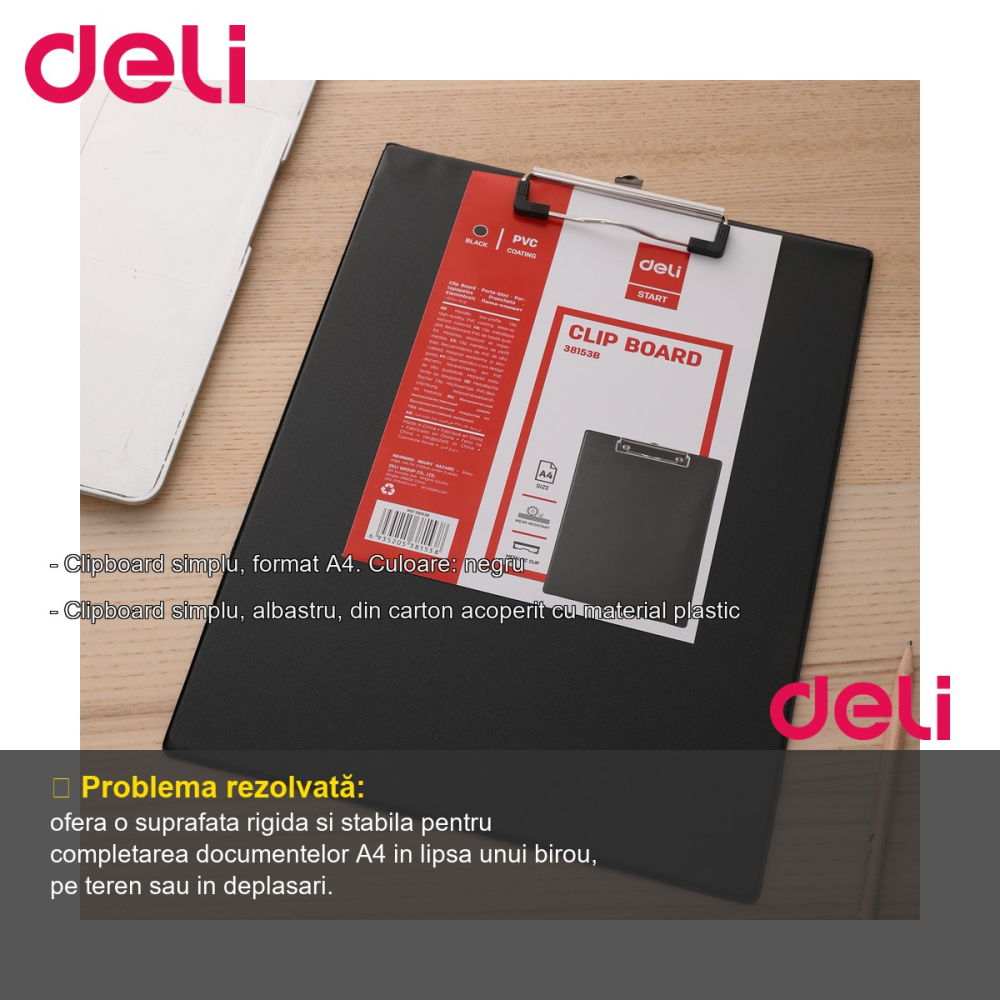 Clipboard simplu Deli, format A4, suprafata rigida din carton plastifiat, negru, pentru birou si teren [2]