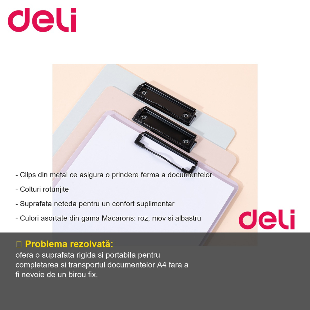 Clipboard simplu Deli Macarons, format A4, din PP foam tristratat, clips metalic, culori pastelate [2]