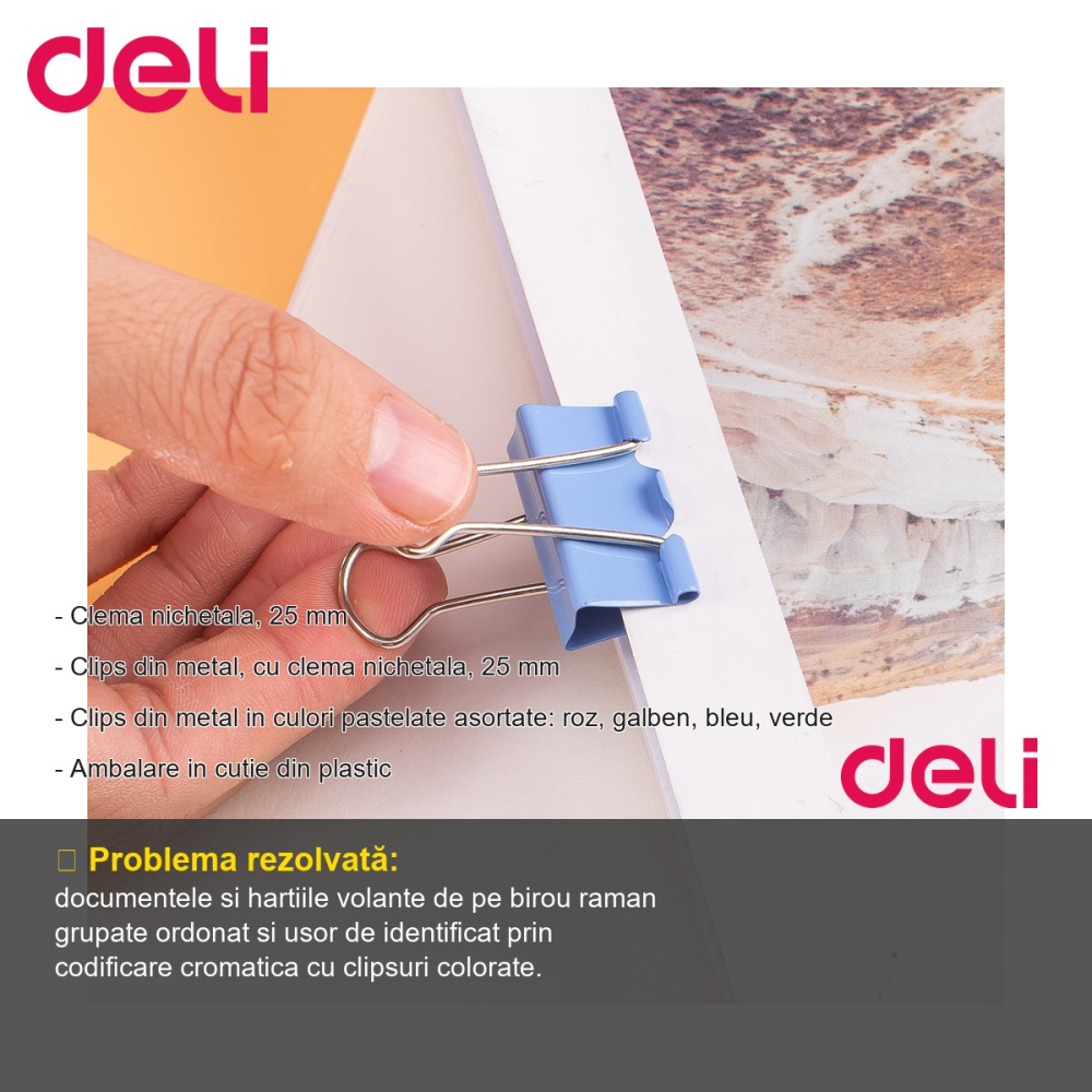 Clipsuri hartie colorate Deli, 25 mm, culori pastel asortate, set 48 bucati in cutie plastic [2]