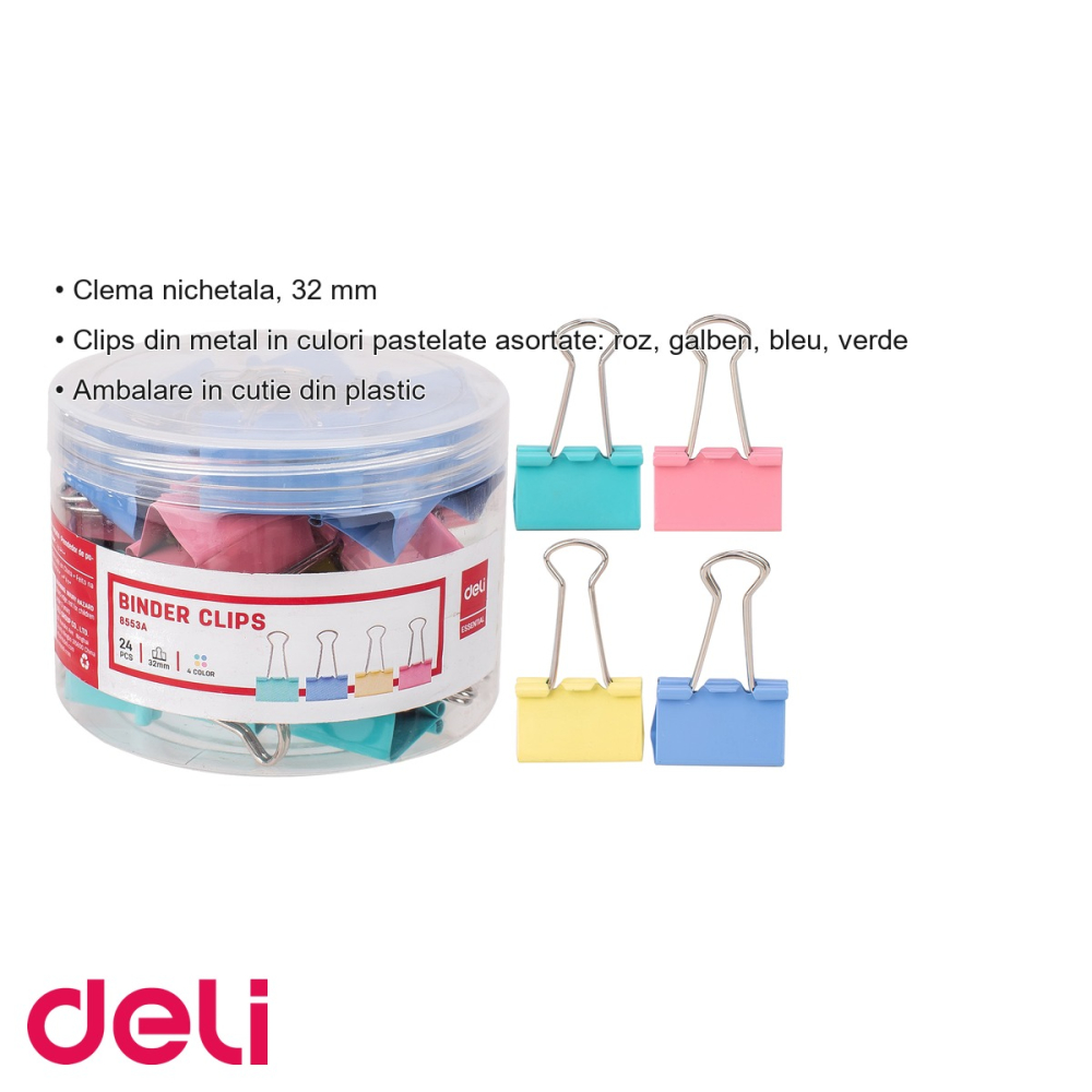 Clipsuri hartie colorate Deli, 32 mm, culori pastel asortate, set 24 bucati in cutie plastic, pentru birou [3]