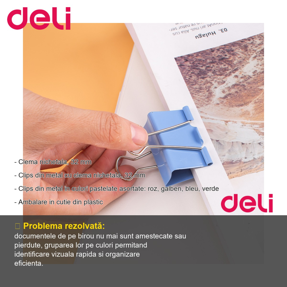 Clipsuri hartie colorate Deli, 32 mm, culori pastel asortate, set 24 bucati in cutie plastic, pentru birou [2]
