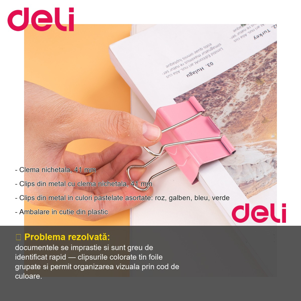 Clipsuri hartie colorate Deli, 41 mm, culori pastel asortate, set 24 bucati in cutie plastic, pentru organizare documente [2]
