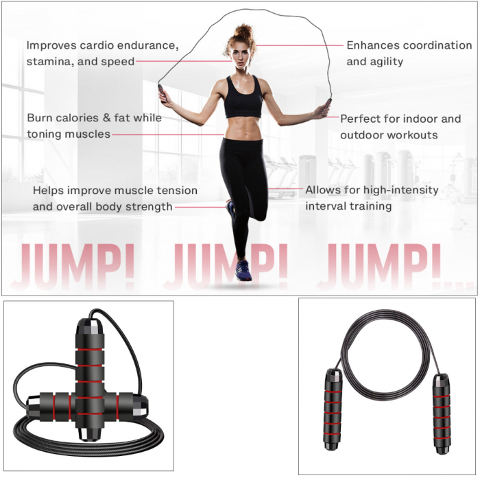 Coarda de sarit reglabila, lungime 270 cm, cu manere de 15.5 x 3 cm din spuma moale, cu sistem de rulmenti, pentru exercitii aerobice [4]