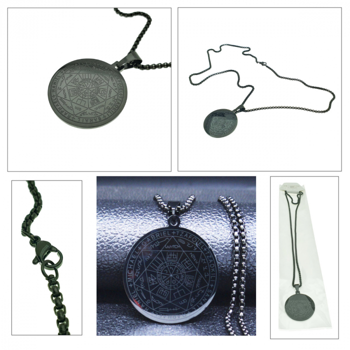 Colier cu pandativ medalion, talisman design simbolic Sigiliul Celor Sapte Arhangheli, SN-01B, din otel inoxidabil, negru [5]