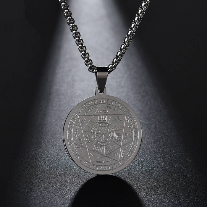 Colier cu pandativ medalion, talisman design simbolic Sigiliul Celor Sapte Arhangheli, SN-01B, din otel inoxidabil, negru [8]