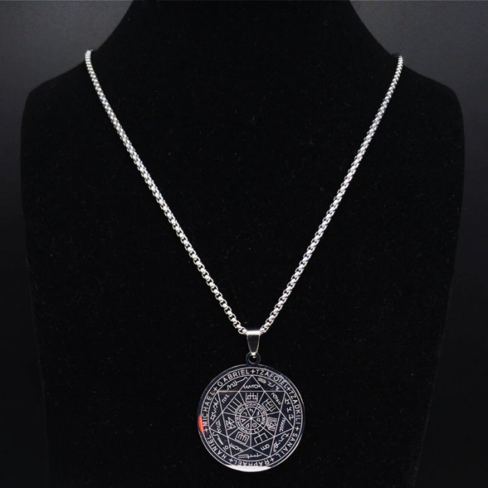 Colier cu pandativ medalion, talisman design simbolic Sigiliul Celor Sapte Arhangheli, SN-01B, din otel inoxidabil, negru [7]