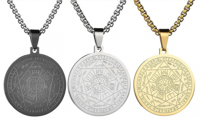 Colier cu pandativ medalion, talisman design simbolic Sigiliul Celor Sapte Arhangheli, SN-01B, din otel inoxidabil, negru [9]
