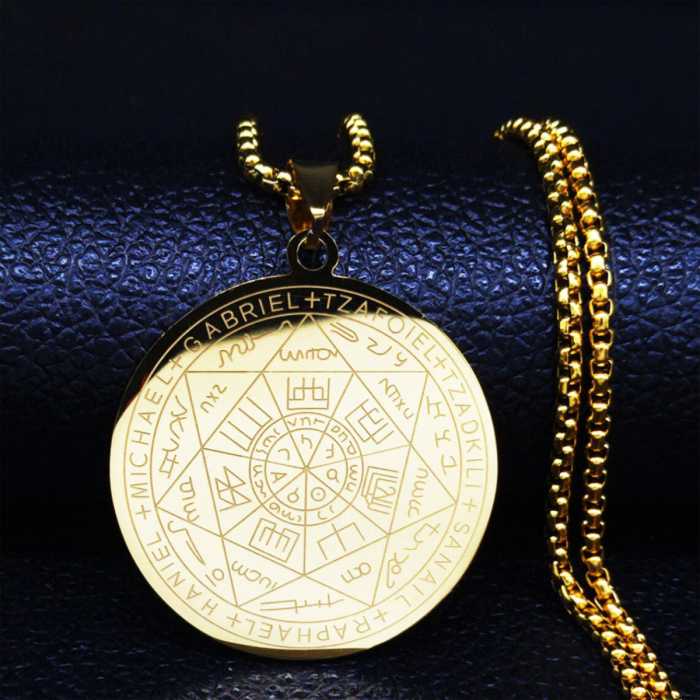 Colier cu pandativ medalion, talisman design simbolic Sigiliul Celor Sapte Arhangheli, SN-01G, din otel inoxidabil, auriu [4]