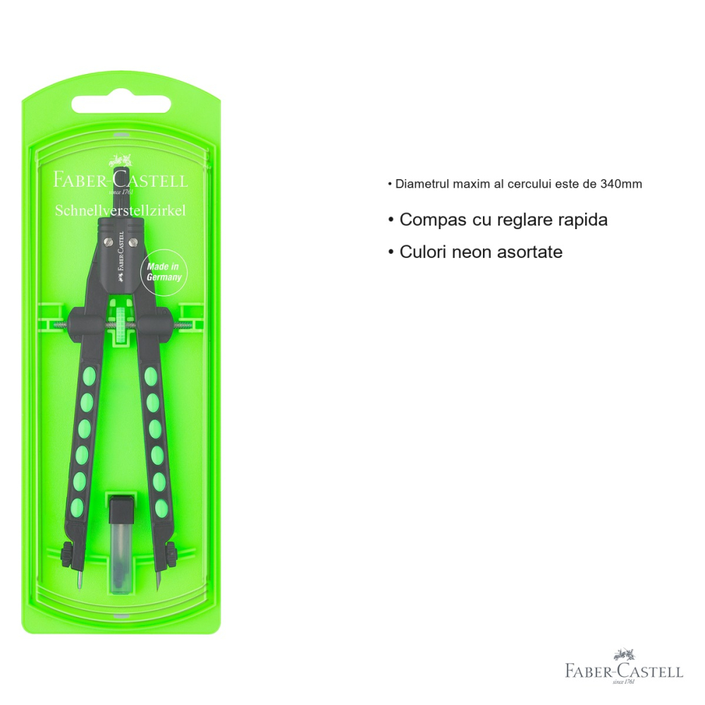 Compas Faber-Castell Factory Neon 2022 cu reglare rapida, cerc maxim 340mm, culori neon asortate, pentru scoala [3]
