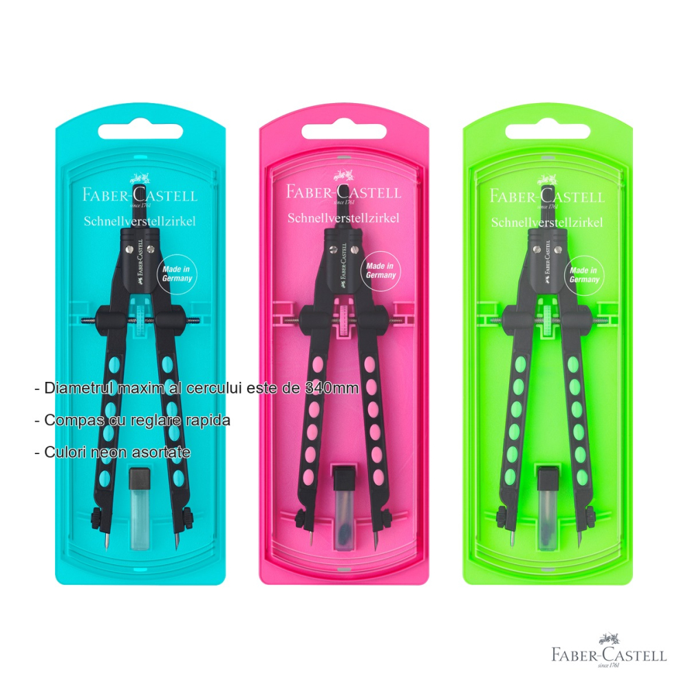 Compas Faber-Castell Factory Neon 2022 cu reglare rapida, cerc maxim 340mm, culori neon asortate, pentru scoala [2]