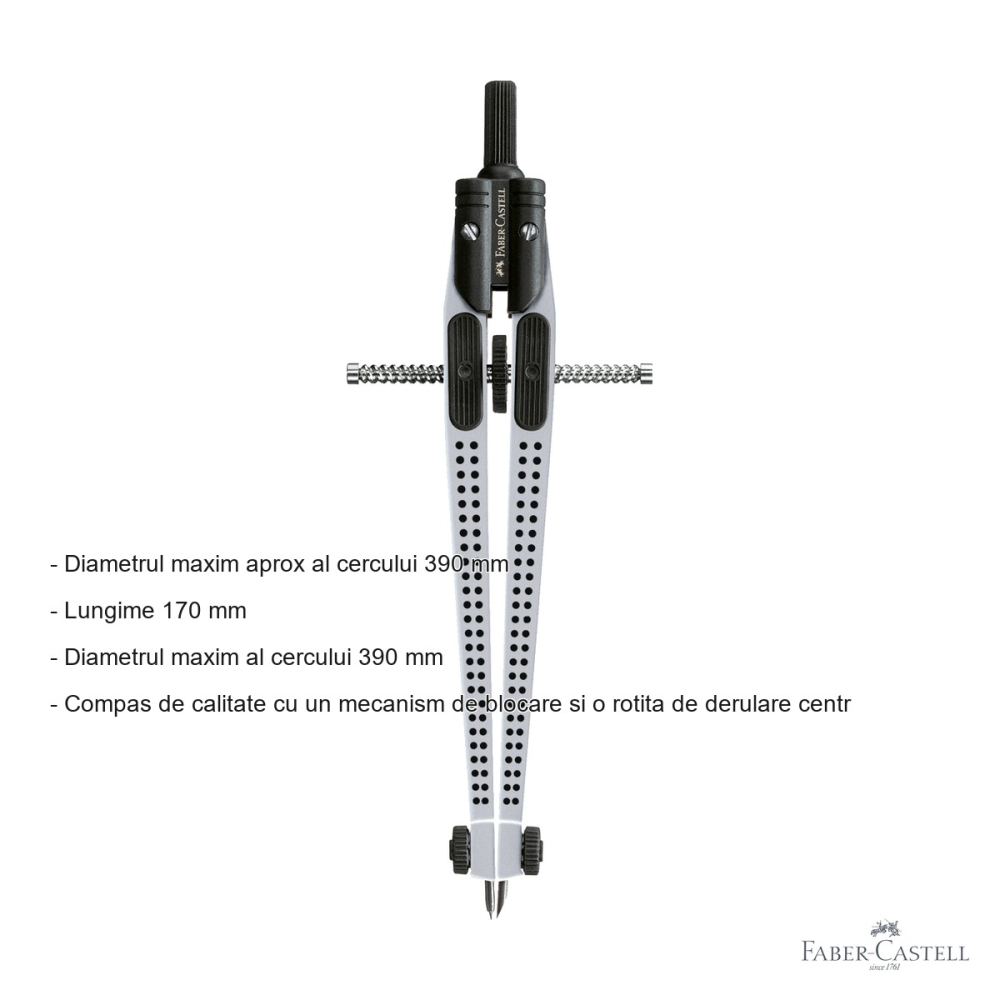 Compas Faber-Castell Quick-Set Grip, mecanism de blocare si rotita de derulare, argintiu, pentru studenti [2]