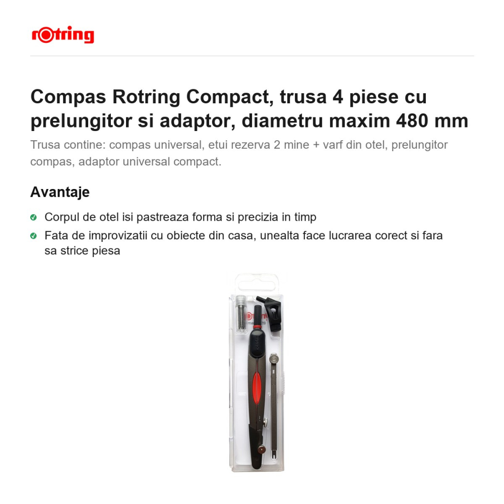Compas Rotring Compact, trusa 4 piese cu prelungitor si adaptor, diametru maxim 480 mm [2]