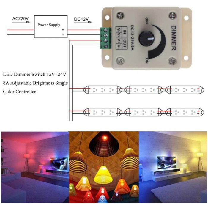 Comutator Led luminos reglabil DC 12-24V 8A, dimmer controller maxim 96W [8]